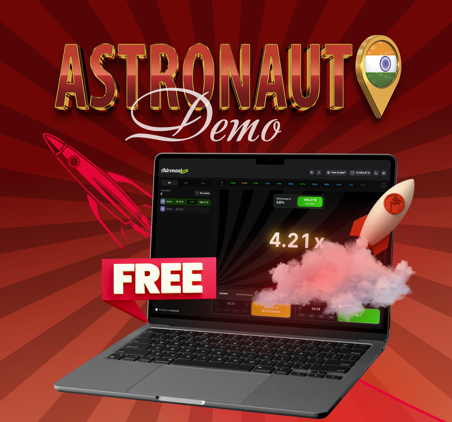 Players from India can test the Astronaut crash game for free in the demo version without risking real money