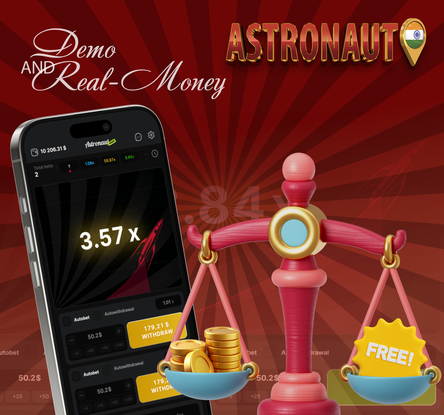 The demo version of Astronaut can be played for free and without risk, while the real money version offers real winnings and possible losses